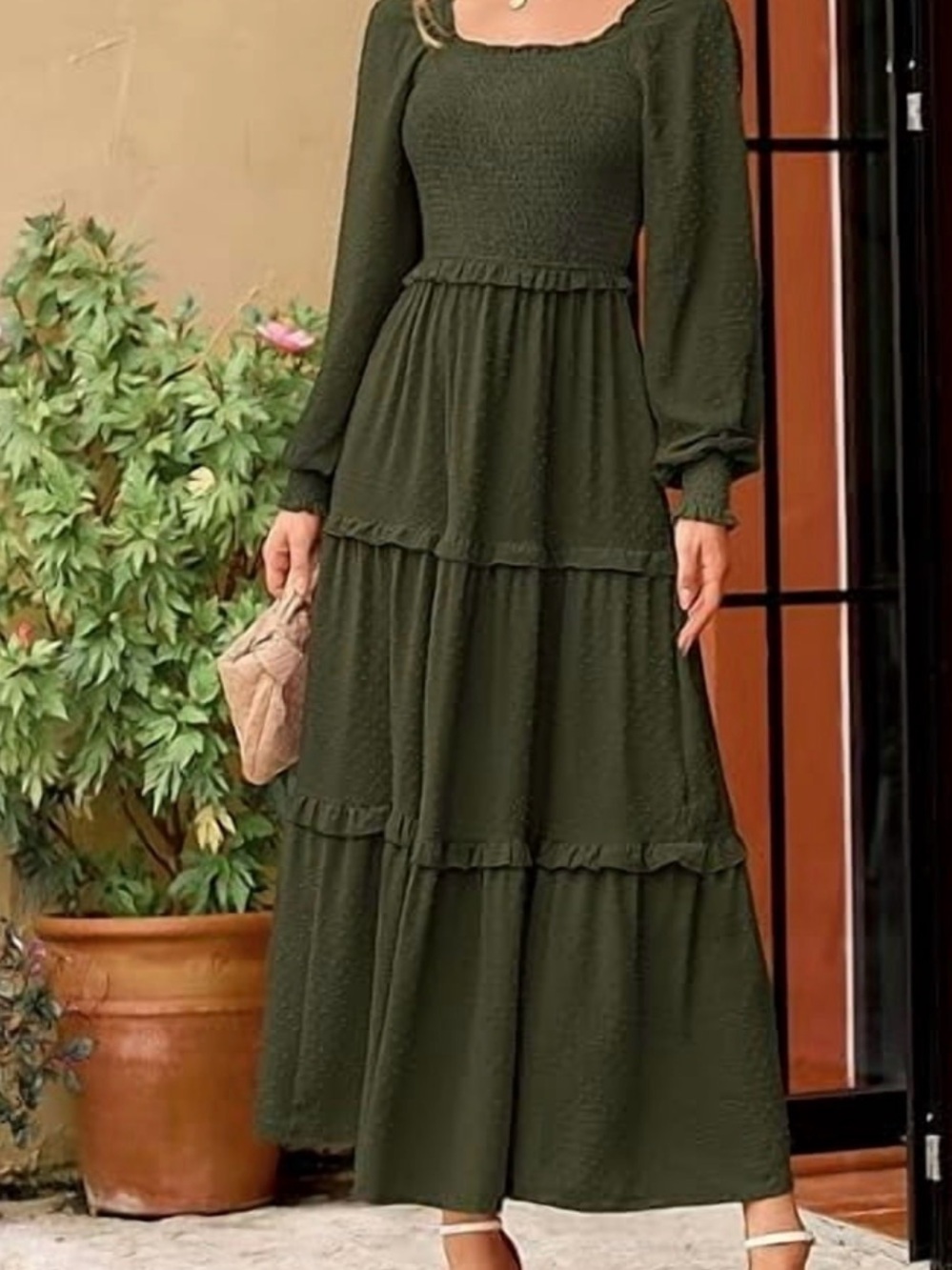 Olive Green Long Sleeve Tiered Maxi Dress